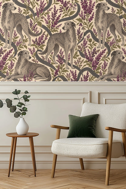 Heather Hounds wallpaper shown in an interior setting