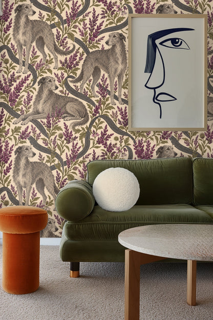 Heather Hounds wallpaper shown in an interior setting