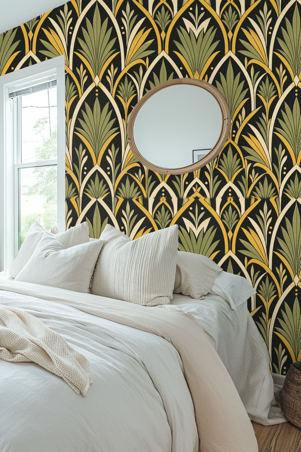 Room section highlighting wallpaper pattern paired with warm beige furnishing and soft natural light