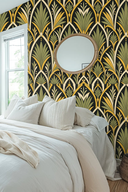 Room section highlighting wallpaper pattern paired with warm beige furnishing and soft natural light