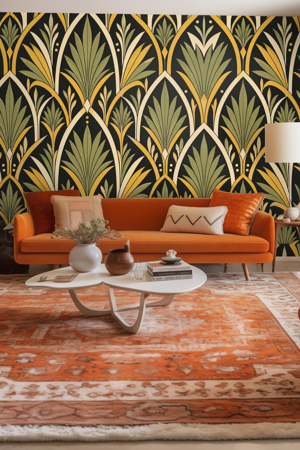 Wallpaper scene featuring layered fan shapes, small leaves, and diamond highlights in chartreuse and cream