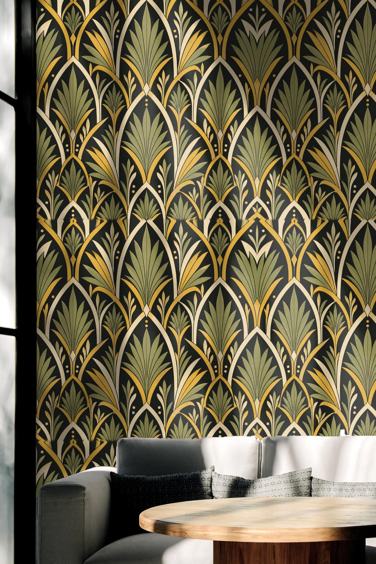 Close-up image capturing yellow and green foliage stylized with art deco flair