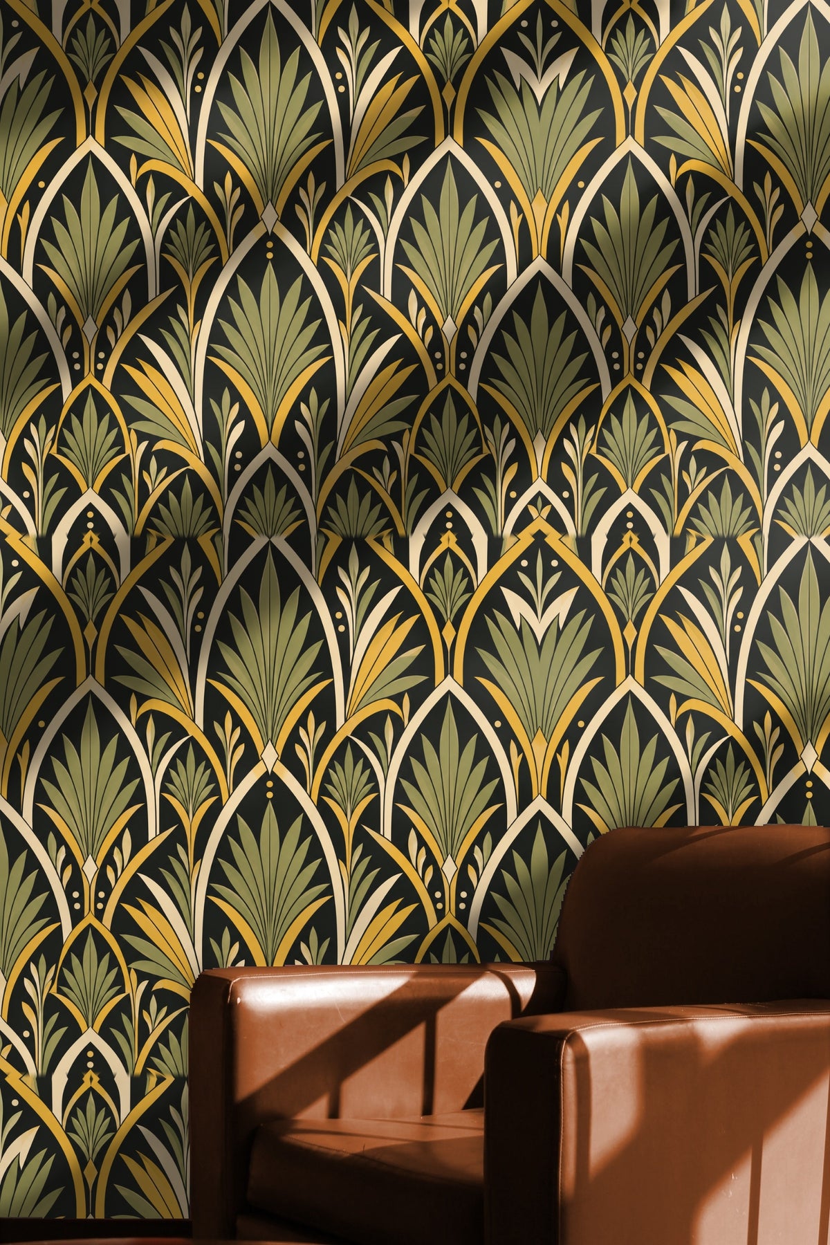 Visual of bedroom wall with repeating spear leaf wallpaper and low white floorboards