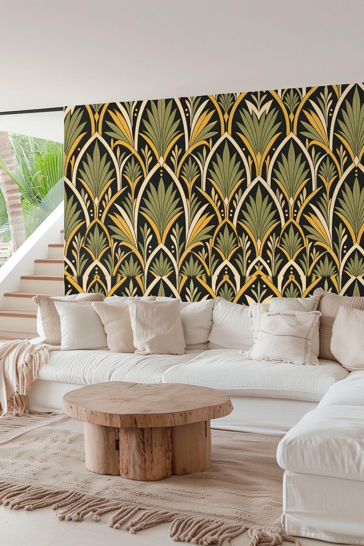 Detail showing overlay of thin black contour lines with creamy and golden leaf shapes
