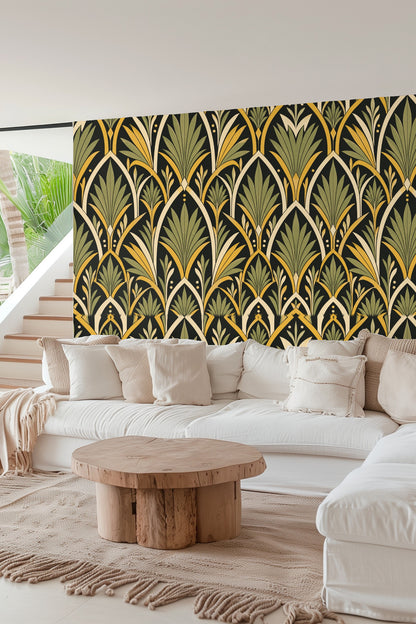 Detail showing overlay of thin black contour lines with creamy and golden leaf shapes