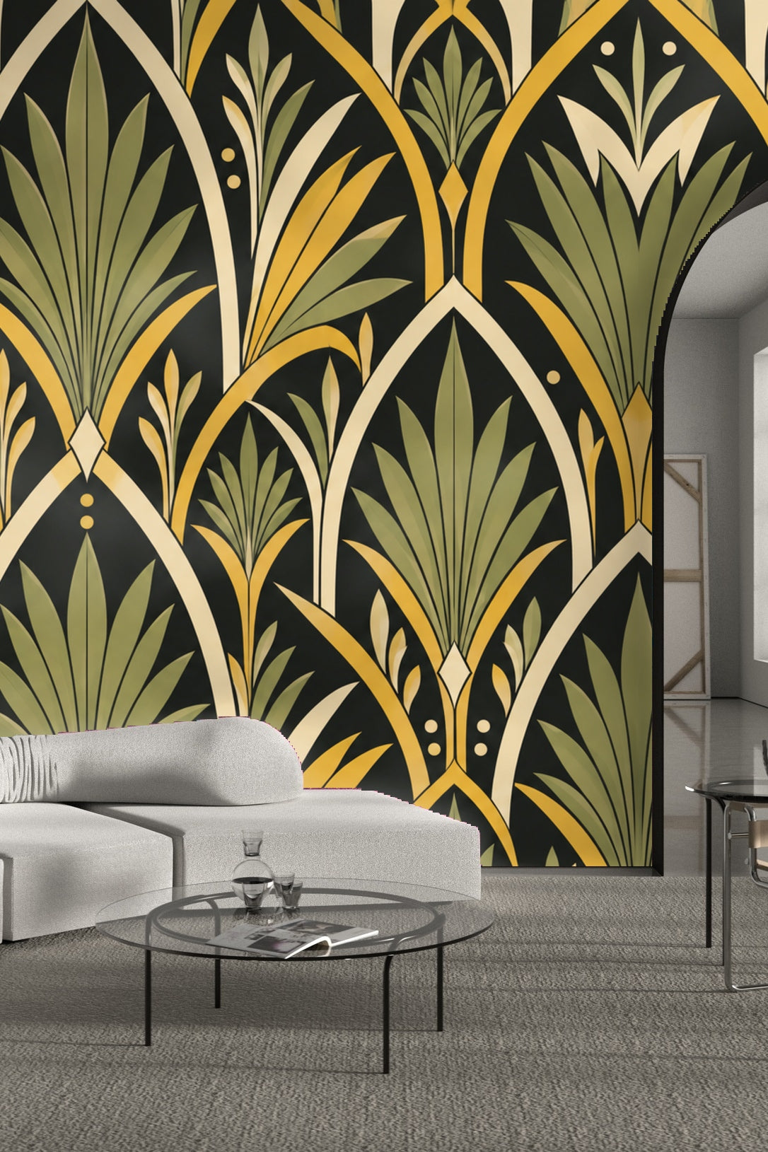 Cozy bedroom corner with rattan furniture and nightstand beside wallpaper with olive greens and mustard spears on black