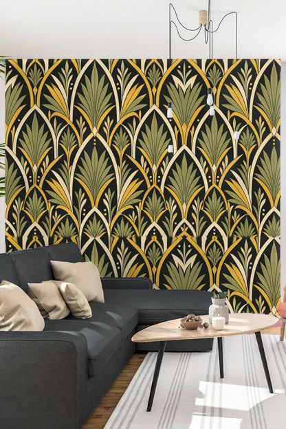 Texture detail of printed wallpaper surface with matte color layering and precise linework