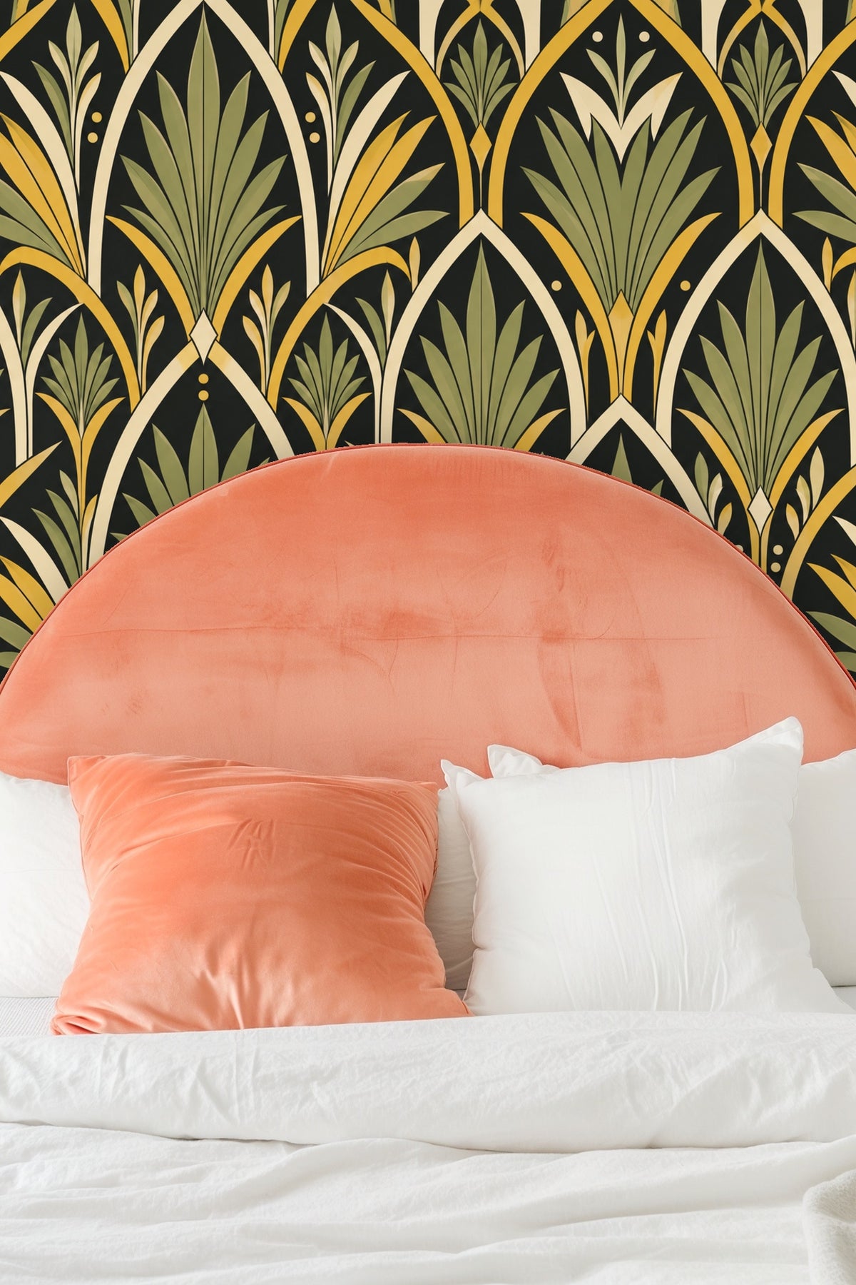 Close-up of wallpaper pattern highlighting crisp spear leaves and soft arch framing in olive and saffron