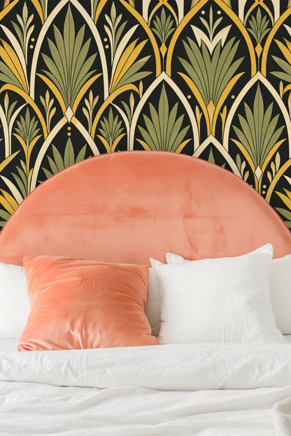 Close-up of wallpaper pattern highlighting crisp spear leaves and soft arch framing in olive and saffron