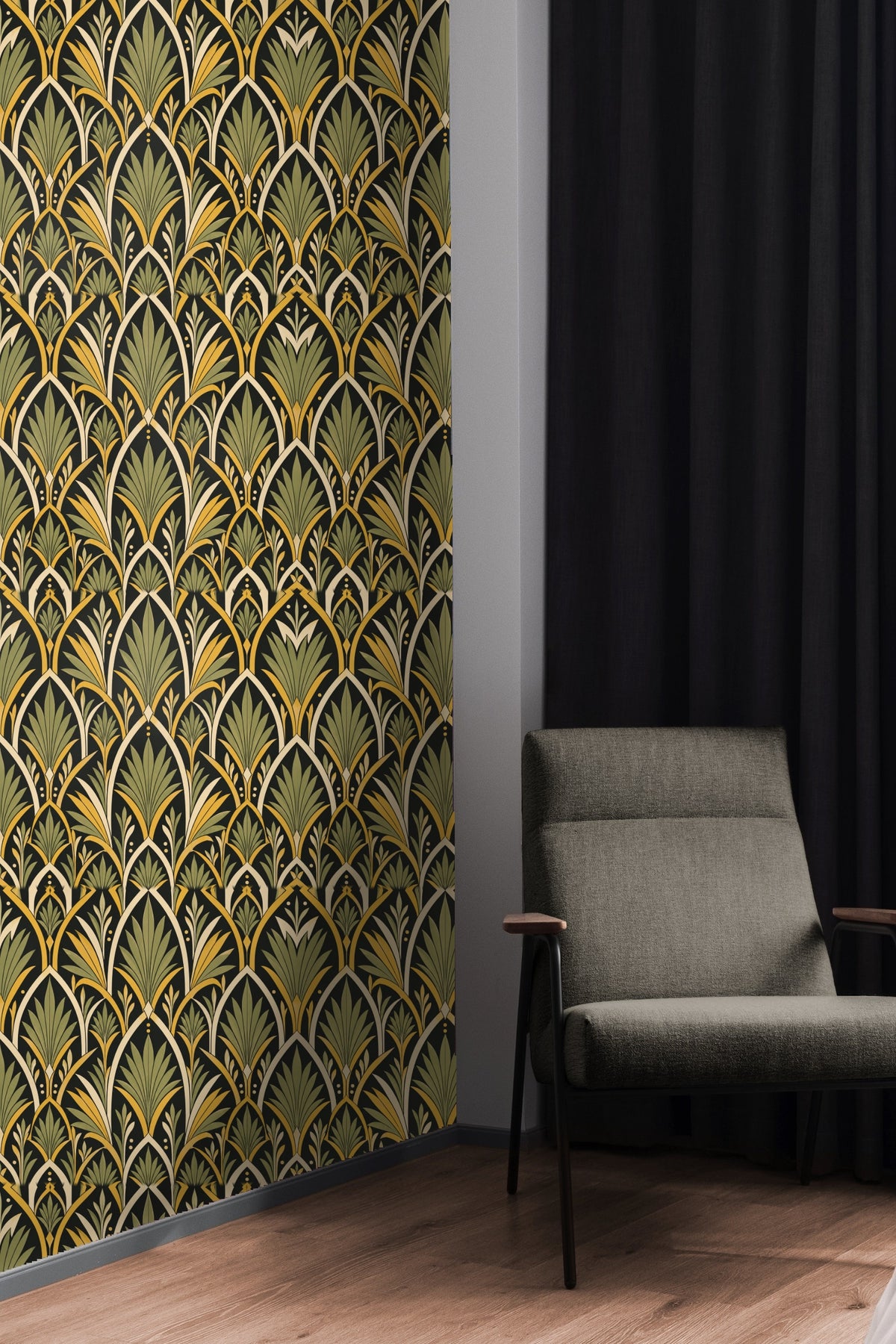 Wallpaper applied on tall wall showing vertical rise of geometric fan forms in olive and saffron