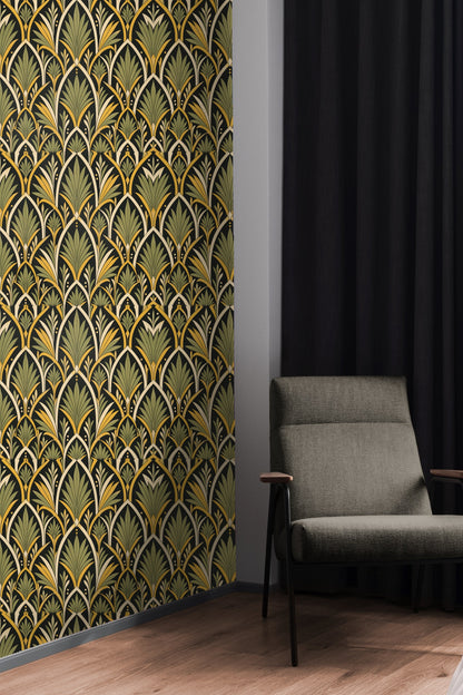 Wallpaper applied on tall wall showing vertical rise of geometric fan forms in olive and saffron