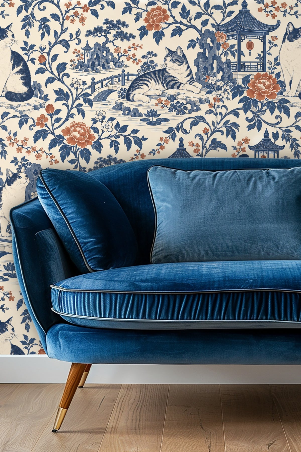 Wallpaper pattern of indigo and white cats among blue and terracotta flowers and pagodas