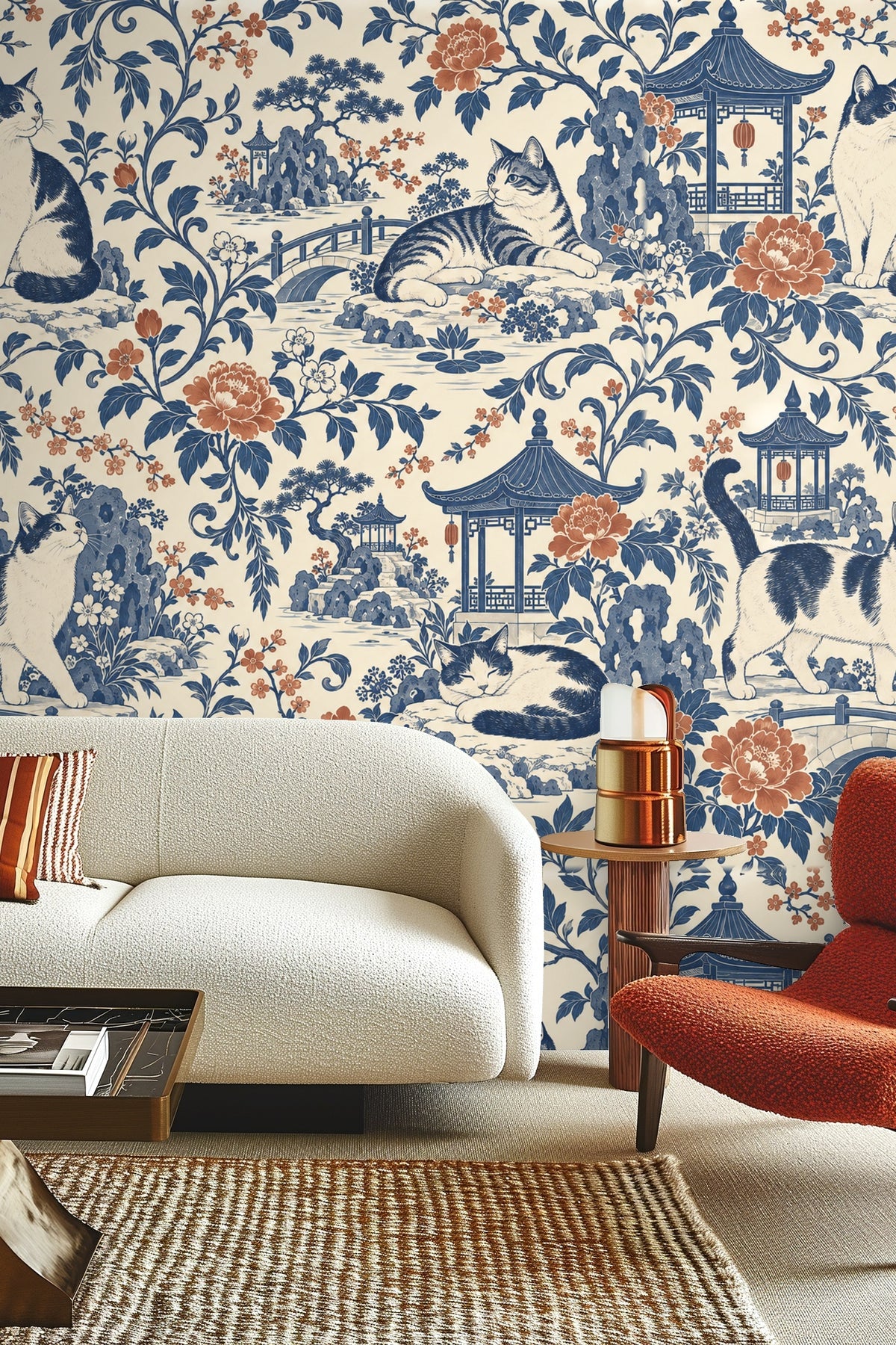 Cluster of terracotta flowers and blue leaves intertwined with playful cats