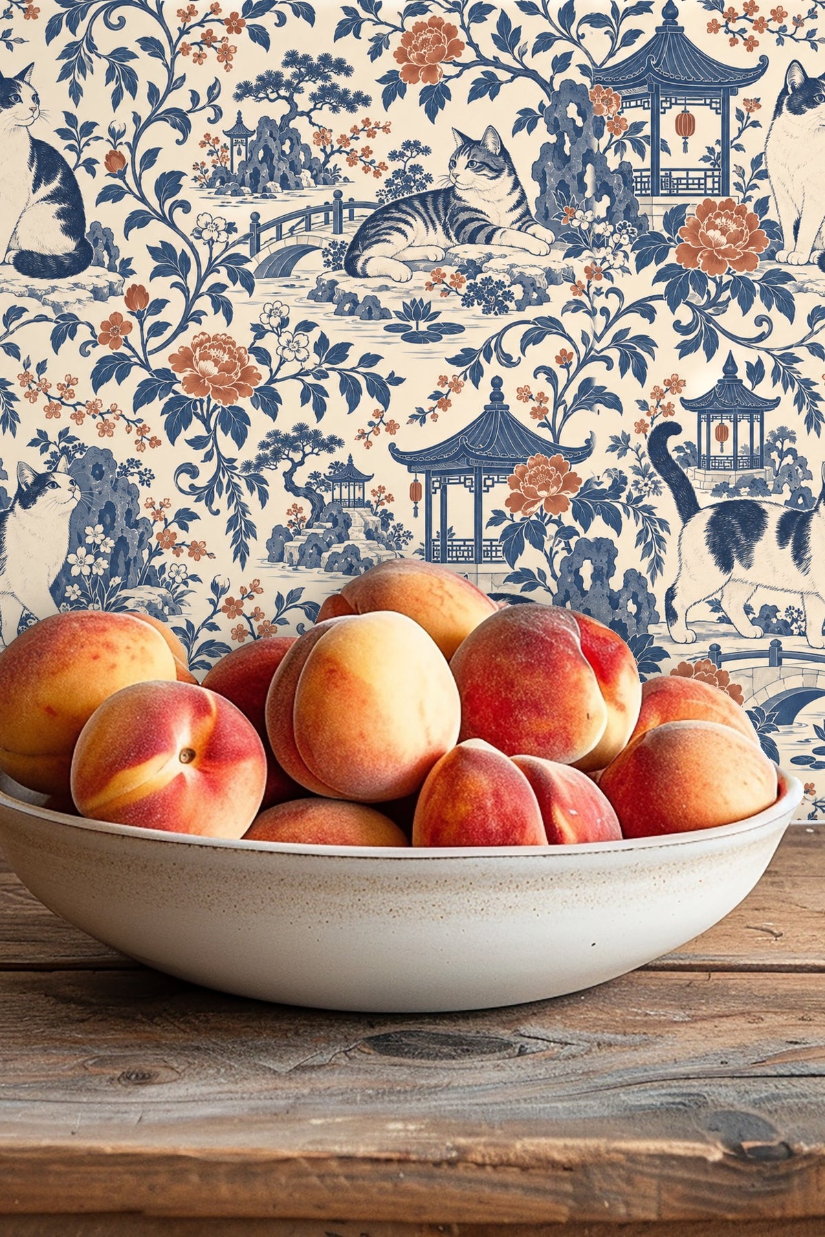 Arch bridge detail with koi pond lilies and cats in tranquil scene wallpaper