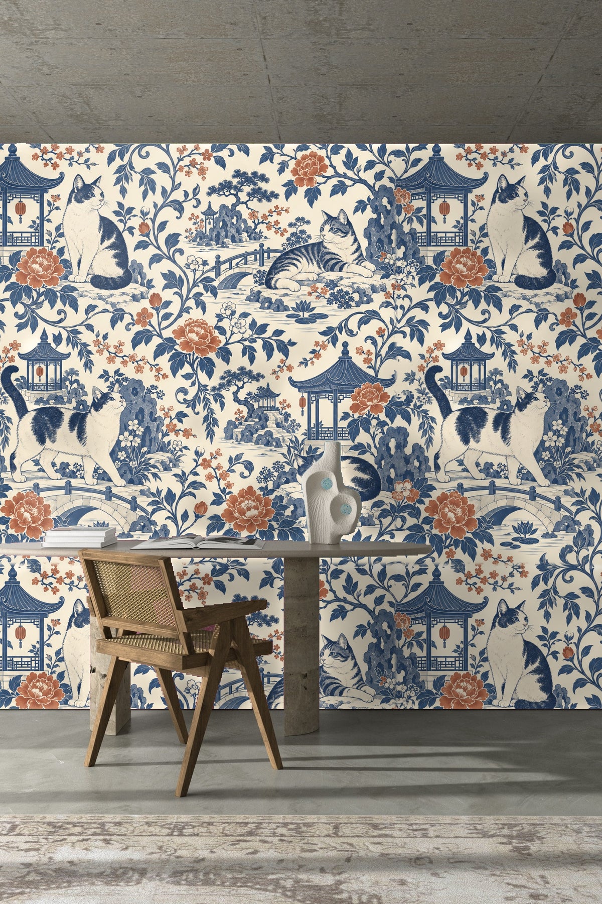 Dense floral and leaf patterns in dusty blue with cats and pagodas