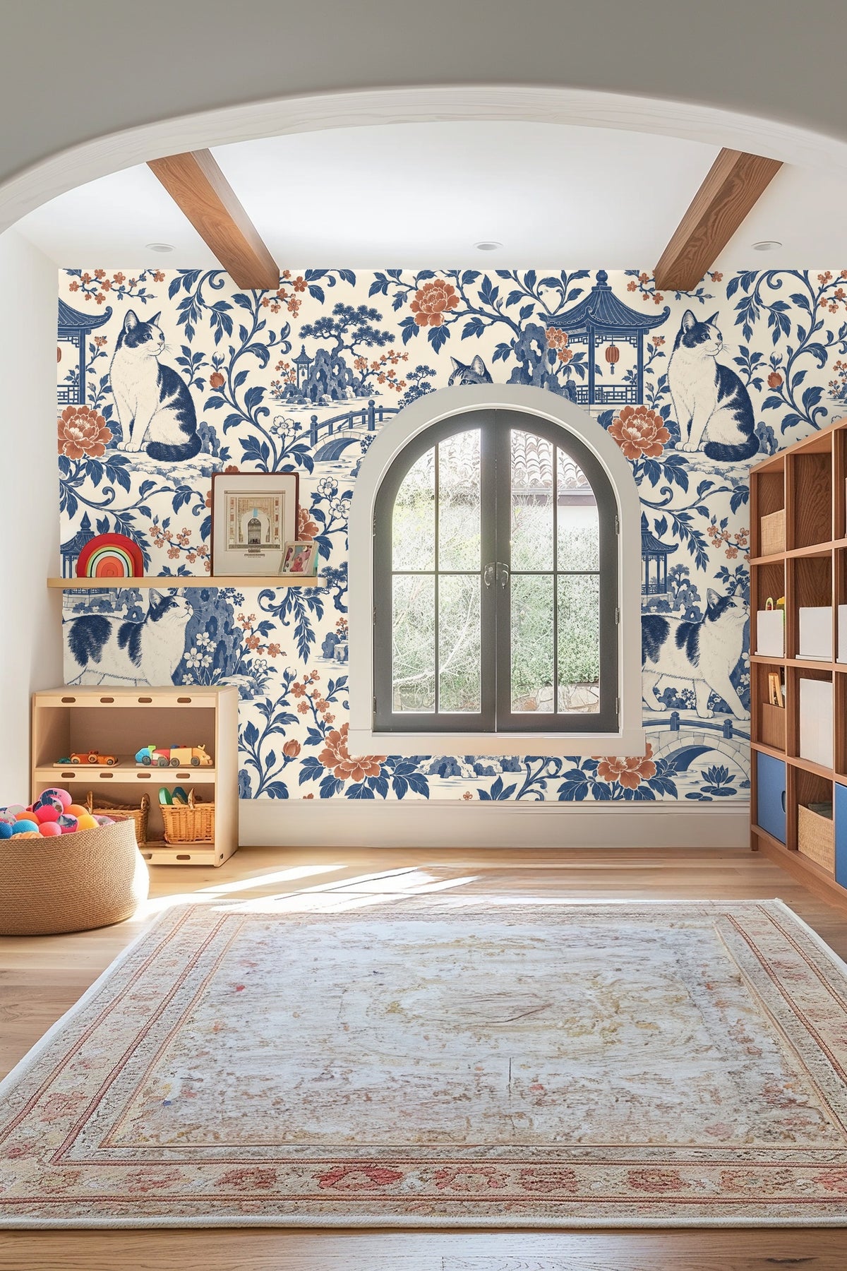 Blue and white tabby cat reclining on rock amidst garden flora in wallpaper