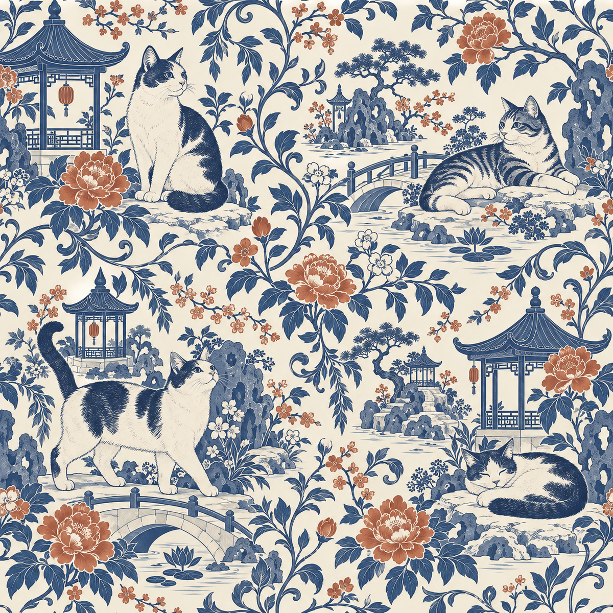 Lonely pagoda with hanging lantern accented by botanical motifs and cats on wallpaper