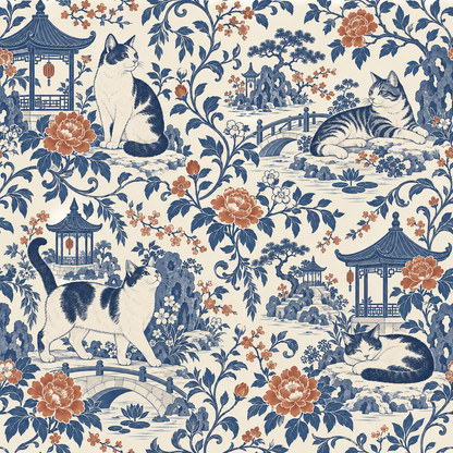 Lonely pagoda with hanging lantern accented by botanical motifs and cats on wallpaper