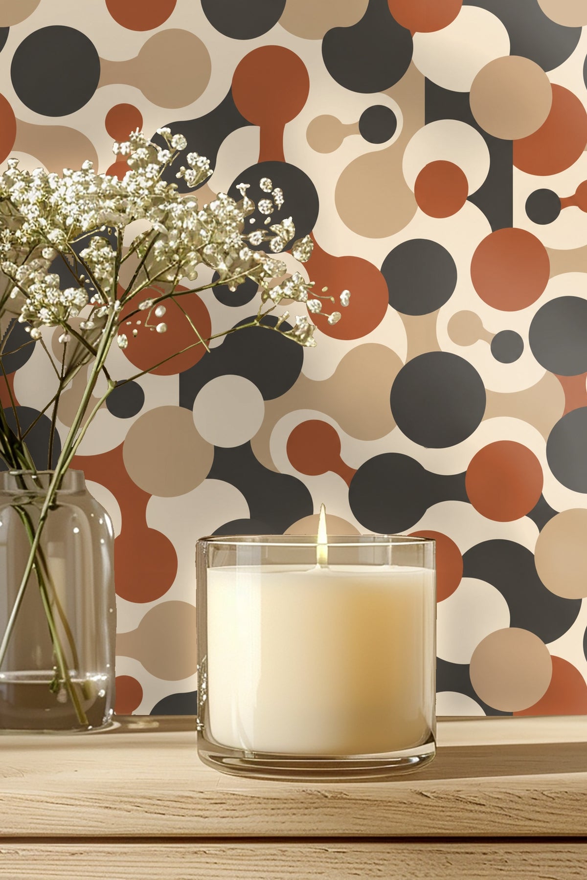 Cinder Orbit Chains wallpaper close-up of pattern with rust, charcoal, beige, and cream circles linked like molecules.