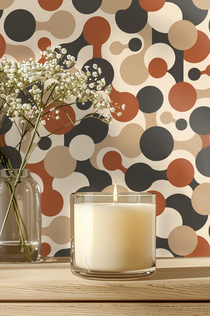 Cinder Orbit Chains wallpaper close-up of pattern with rust, charcoal, beige, and cream circles linked like molecules.