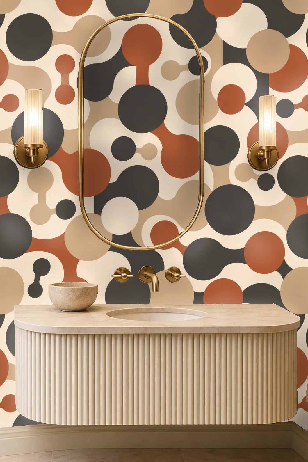 Warm and muted color story in a geometric molecular pattern wallpaper named Cinder Orbit Chains.