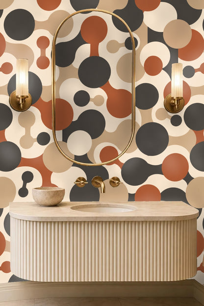 Warm and muted color story in a geometric molecular pattern wallpaper named Cinder Orbit Chains.
