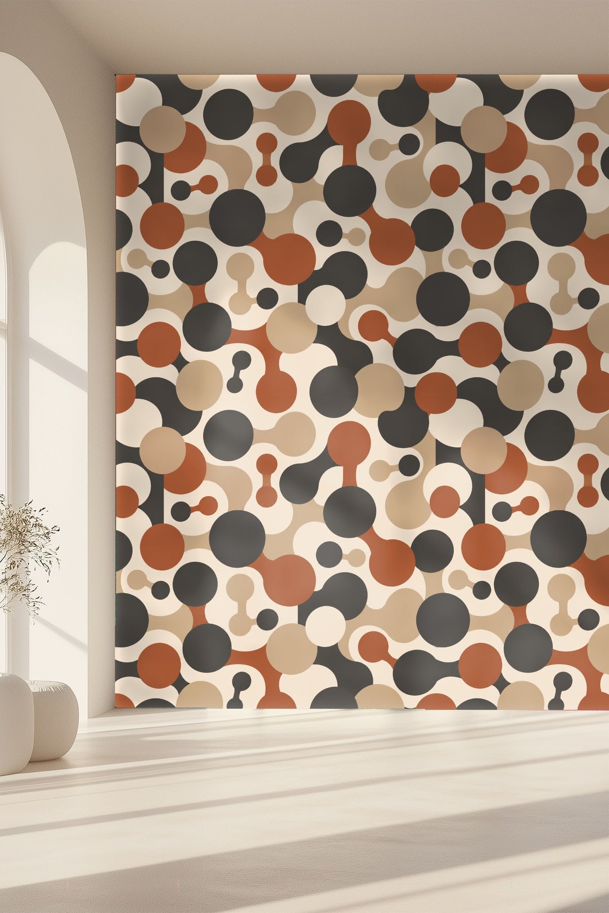 Rust red, charcoal, and beige circles overlay, forming dynamic chains in wallpaper design.