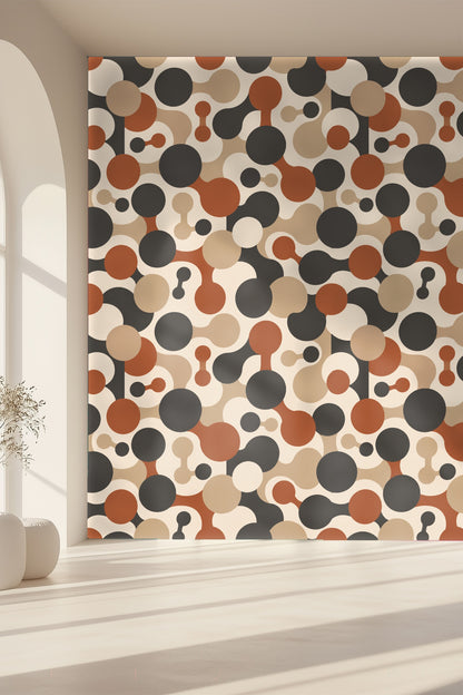 Rust red, charcoal, and beige circles overlay, forming dynamic chains in wallpaper design.