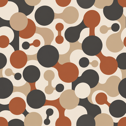 Scandinavian-inspired minimal bathroom accented by atomic era molecular circle wallpaper pattern.
