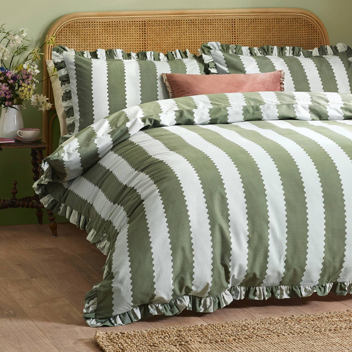 Birdie Stripe Ruffle Duvet Cover Set Bay Green/Mist by Riva Home — view 2