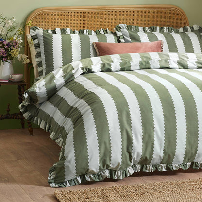 Birdie Stripe Ruffle Duvet Cover Set Bay Green/Mist by Riva Home — view 2