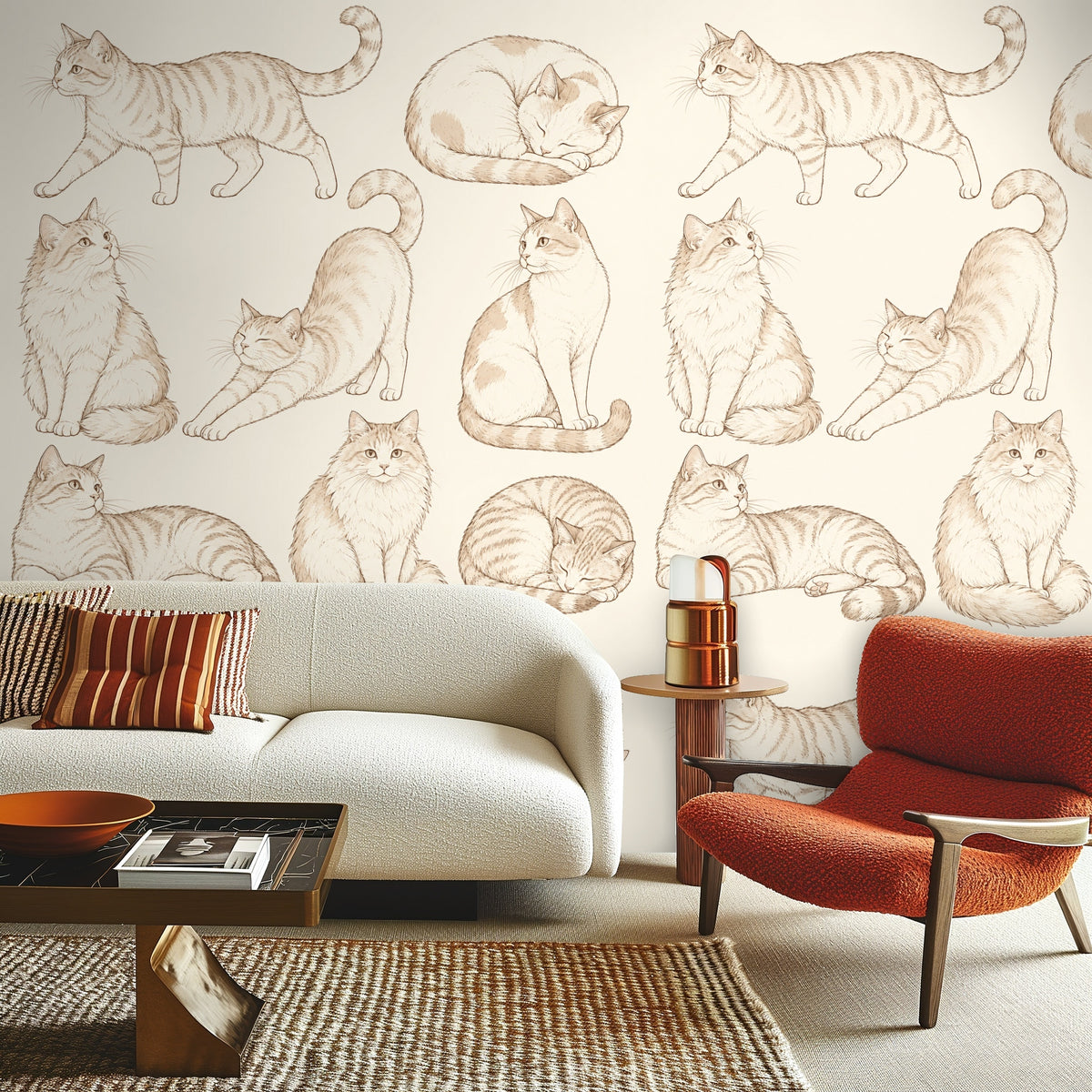 Full-width detail showing the repeat pattern of sitting, stretching and curled cats on cream ground