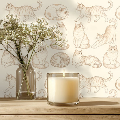Bedroom headboard wall with large-scale repeat of sepia cat sketches above a cane headboard