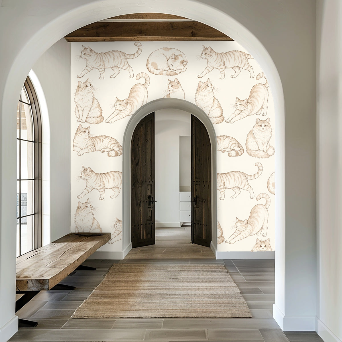 Laundry room wall with the sepia sketch cat pattern around a window and shelving