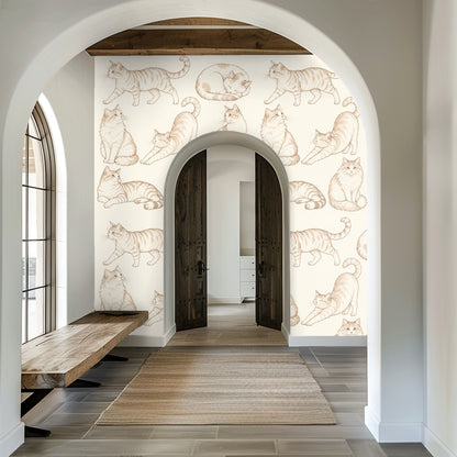 Laundry room wall with the sepia sketch cat pattern around a window and shelving