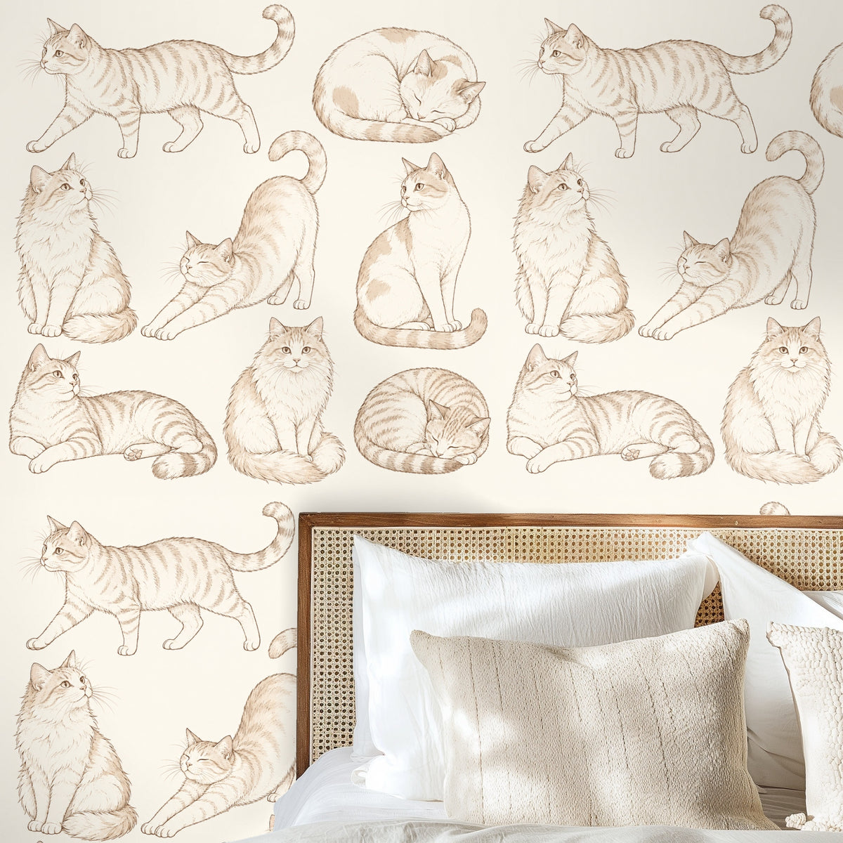 Close-up of the original artwork showing hand-drawn cats in sepia on a warm cream background