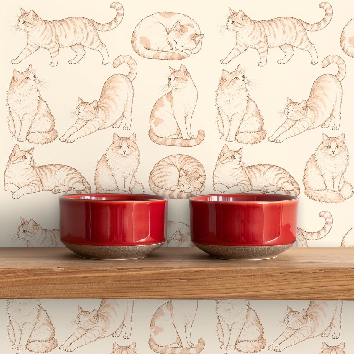 Nursery wall with the cat pattern used as a horizontal mural above a wooden crib