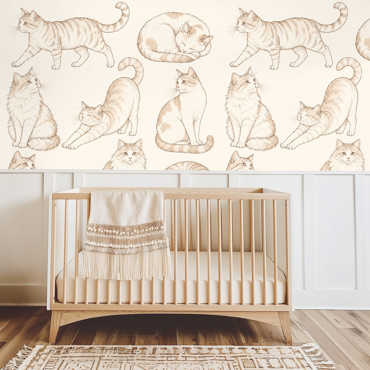 Hallway entry wall with the repeating cat motif framed by an arch and wooden bench