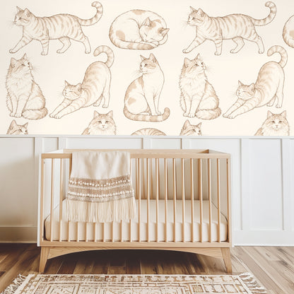 Hallway entry wall with the repeating cat motif framed by an arch and wooden bench