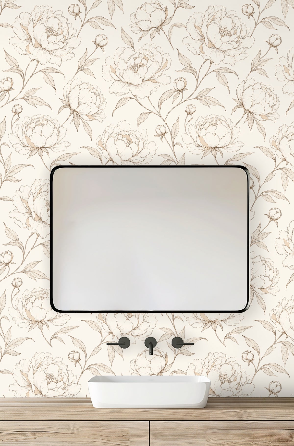 Floor mirror leaning against the wall reflecting the latte peony pattern and warm cream field.