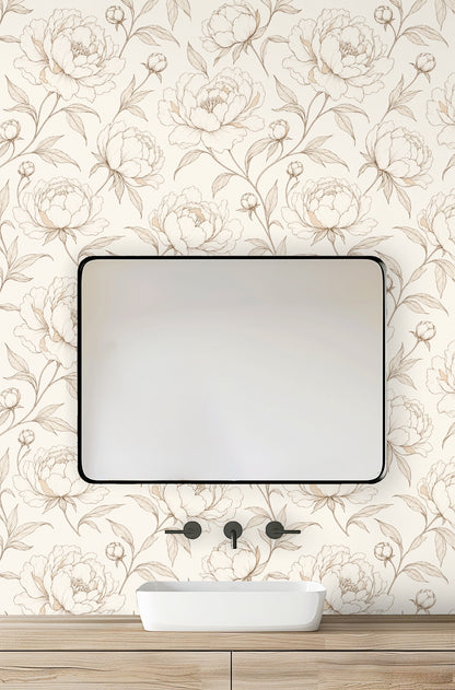 Floor mirror leaning against the wall reflecting the latte peony pattern and warm cream field.