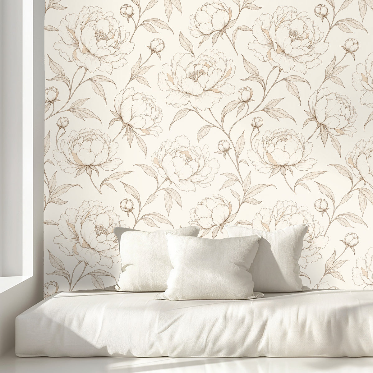 Flat artwork: large hand-drawn peonies in latte linework on a warm cream background.