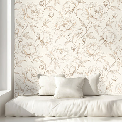 Flat artwork: large hand-drawn peonies in latte linework on a warm cream background.