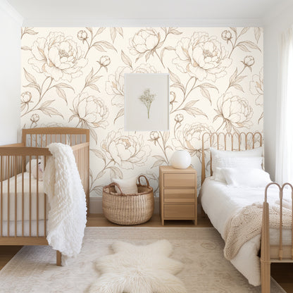 Close-up view of the pattern showing delicate pen-like stems, layered petals and subtle tan accents on cream.