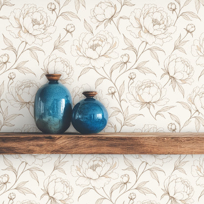 Full accent wall with a centered framed single-stem print, showing the repeat and generous scale of the design.