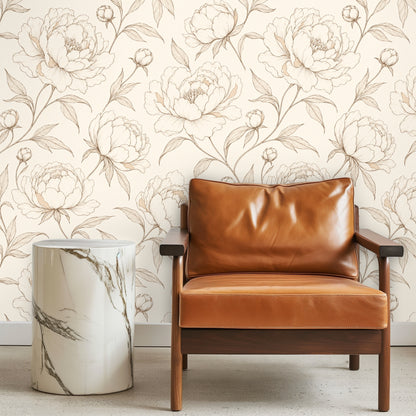 Wallpaper installed behind a low daybed; oversized peony motif creates a soft focal wall in neutral tones.
