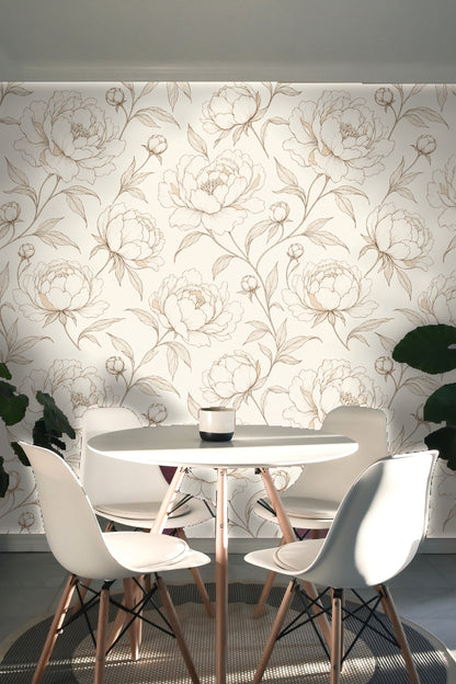 Sunlit arched alcove featuring the peony wallpaper, illustrating how pattern reads in bright natural light.