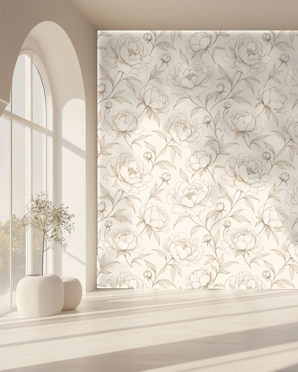 Nursery scene with the wallpaper on a full accent wall behind two beds and natural wood furnishings.