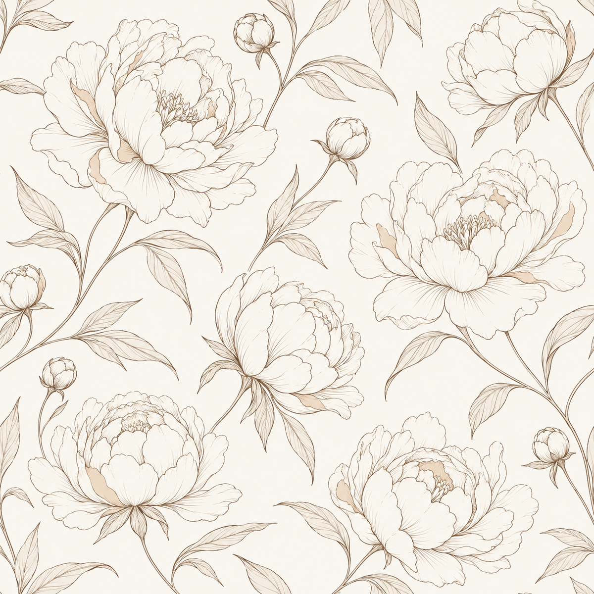 Tall wall scene with large peonies and airy negative space, emphasizing the neutral, calming palette.