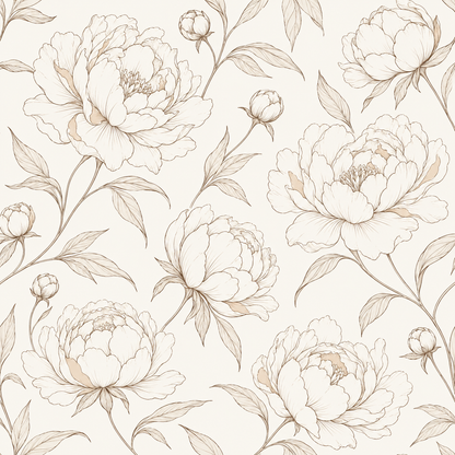 Tall wall scene with large peonies and airy negative space, emphasizing the neutral, calming palette.